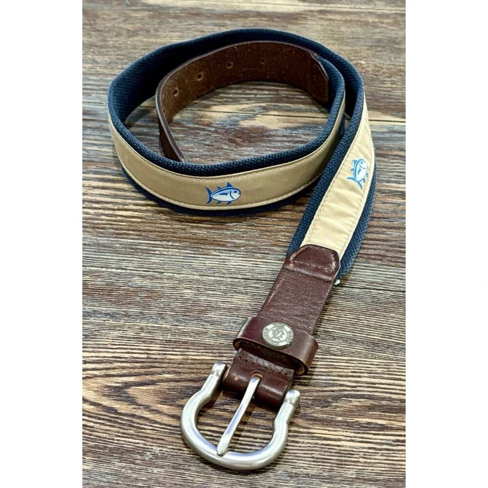 SOUTHERN TIDE Men’s “Skipjack” Ribbon Belt - Sandstone Khaki & Leather - Sz 34W